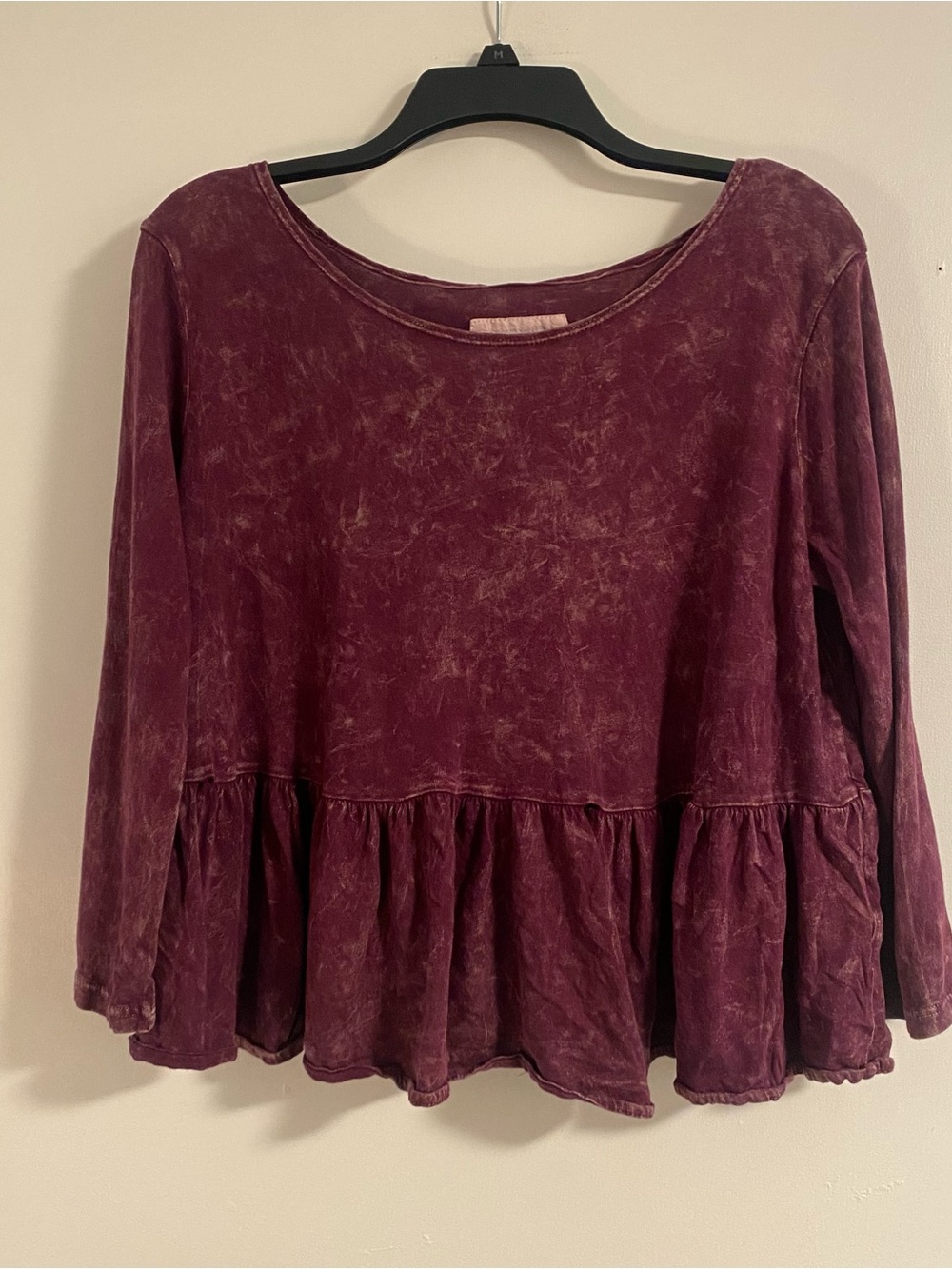 Free People We The Free Long Sleeve Shirt M Burgundy Peplum Boho Crop Top Preppy